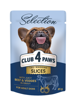 CLUB 4 PAWS Premium Selection πλήρης υγρή τροφή για ενήλικες σκύλους μικρών φυλών - Ζουμερά μπιφτέκια με μοσχάρι και λαχανικά σε σάλτσα 85 g