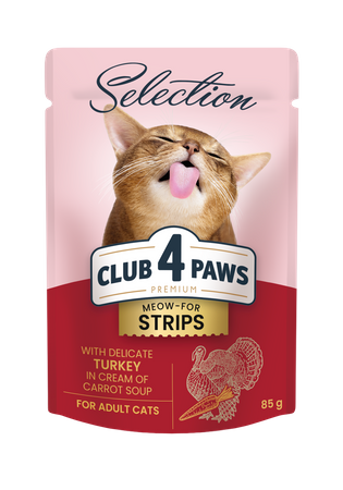 CLUB 4 PAWS Premium Selection πλήρης υγρή τροφή για ενήλικες γάτες - Λεπτές λωρίδες γαλοπούλας σε κρεμώδη σούπα καρότου 85 g