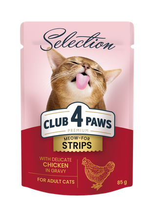 CLUB 4 PAWS Premium Selection πλήρης υγρή τροφή για ενήλικες γάτες - Λεπτές λωρίδες κοτόπουλου σε σάλτσα 85 g