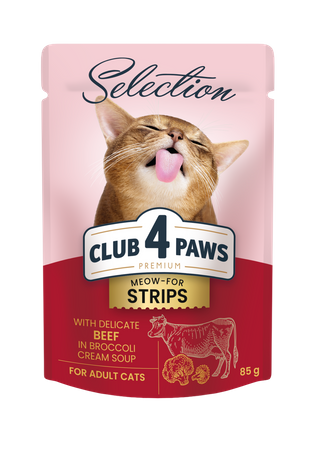 CLUB 4 PAWS Premium Selection πλήρης υγρή τροφή για ενήλικες γάτες - Λεπτές λωρίδες βοδινού κρέατος σε κρεμώδη σούπα μπρόκολου 85 g